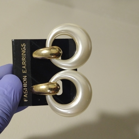 Women's Stunning Gold tone & Off-white Omega Back Hoop Drop Earrings - 1.75-inch - Picture 4 of 4